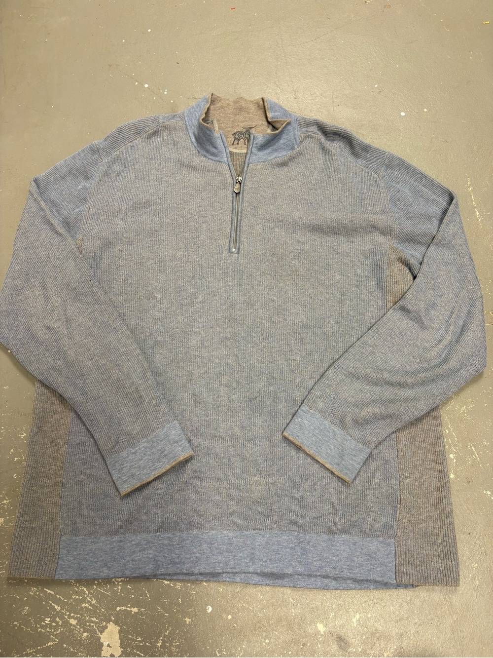 Raffi Mens XL 1/4 Zip Sweater Blue Tan Ribbed Knit Cotton Old Money